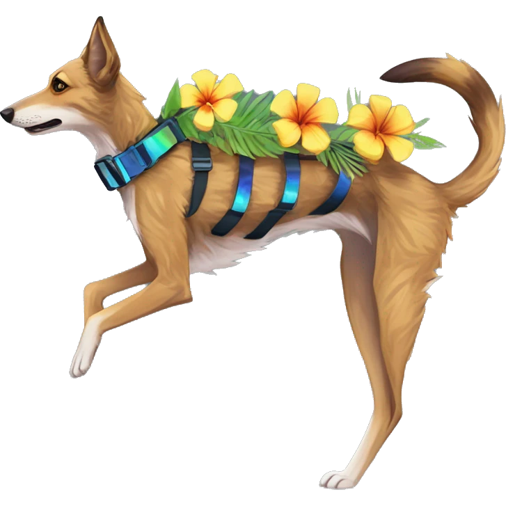  brindle brown black maroon striped lurcher Alsatian fox running blue eyes and iridescent holographic oilslick harness wearing paper iridescent tropical flower crown yellow caution tape emoji