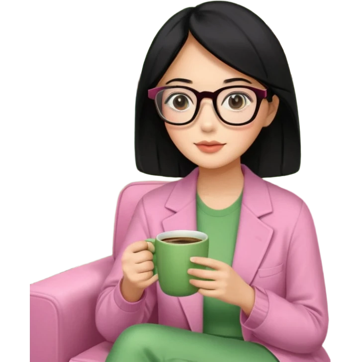 Chica de pelo negro ojos negros y piel morena con lentes oversize square GAFAS DE LEER BIEN GRANDES , ropa de color verde , sentada en una sala de casa , en la mano derecha una taza de cafe en color rosa con una flor negra de diseno. Sentada mirando un drama koreano en la television.  emoji