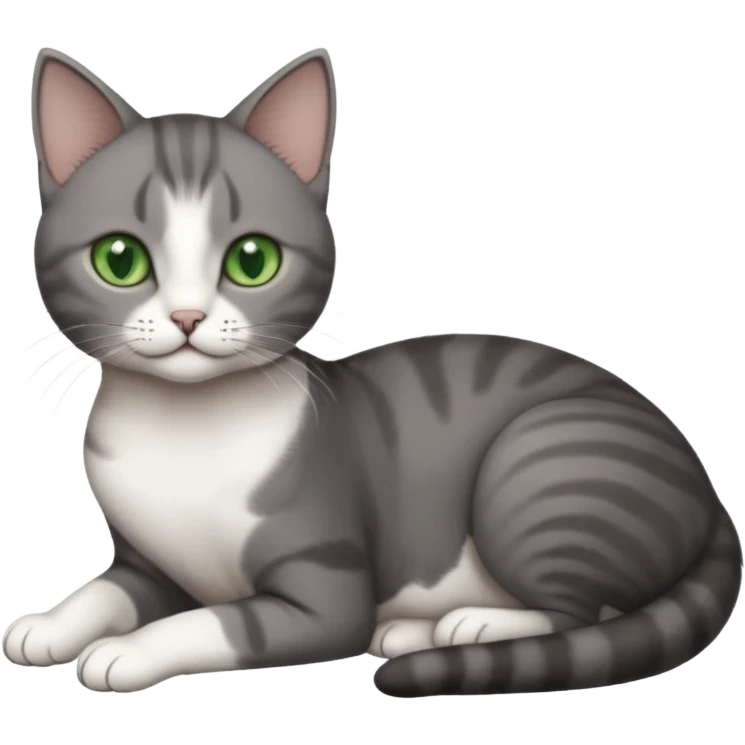 full body tiny short hair dark grey and white cat with white front legs and green eyes lying down emoji