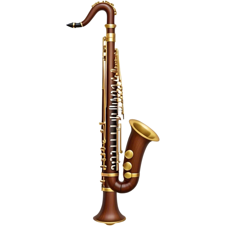 Create an emoji representing a professional bassoon. The design should feature the sleek wooden body of the bassoon with its rich wood tones, showing the intricate keywork and metal springs. The metal tubing of the instrument should be clearly visible, with polished brass accents. Highlight the bell and the distinctive, straight shape of the instrument. The mouthpiece and reed should be visible at the top, emphasizing the functional details. Use warm wood tones like dark brown, with gold and brass accents for the keys and fittings. Add soft musical notes or soundwaves to represent the deep, resonant sound of the bassoon. The background should be transparent. emoji