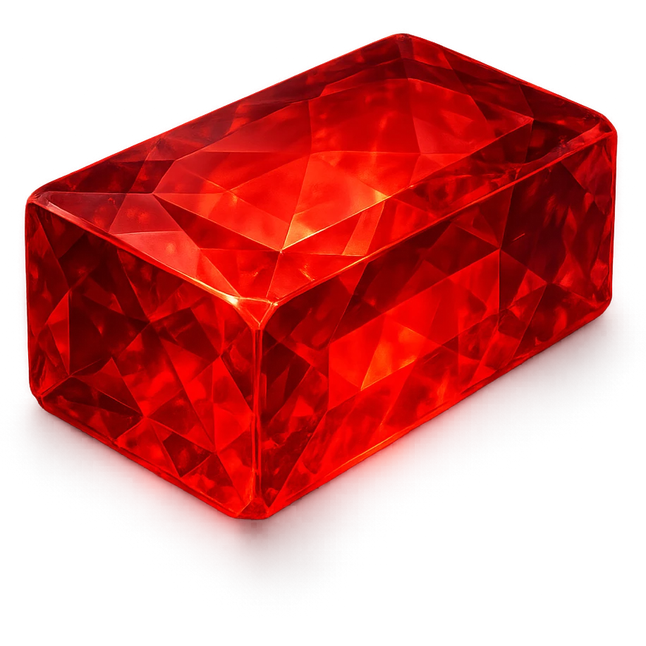 a ruby gemstone shaped like a brick, sparkling facets, rich red color, translucent, glowing effect emoji