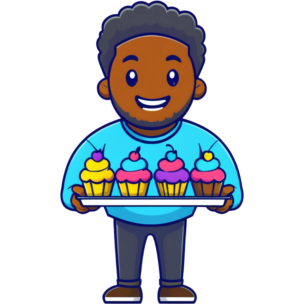 Cheerful large African American man holding colorful cupcakes emoji