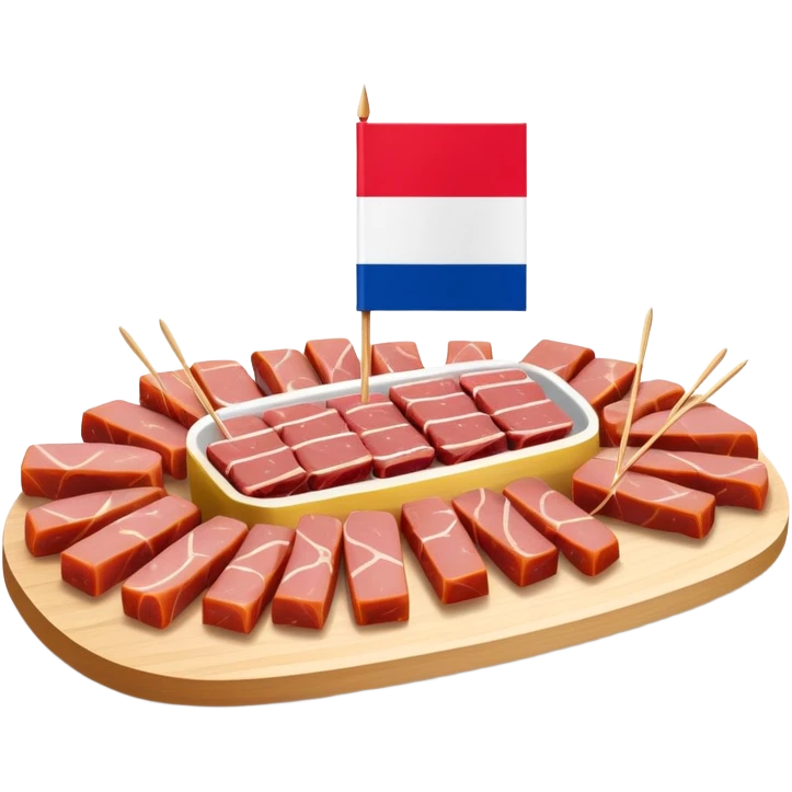 French flag on tooth pick on top of a SPAM charcuterieplatter emoji