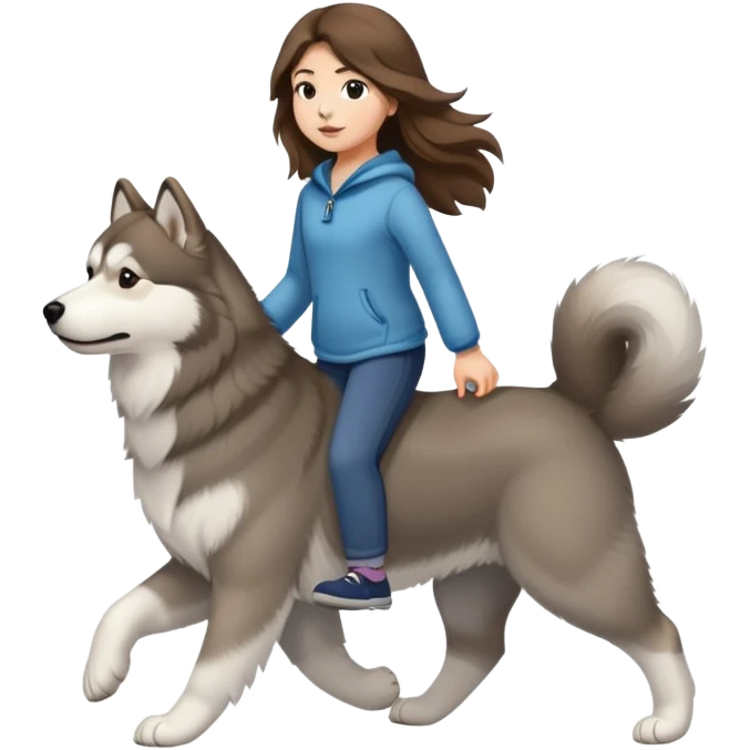 A girl with long brown hair walks a light gray Alaskan emoji