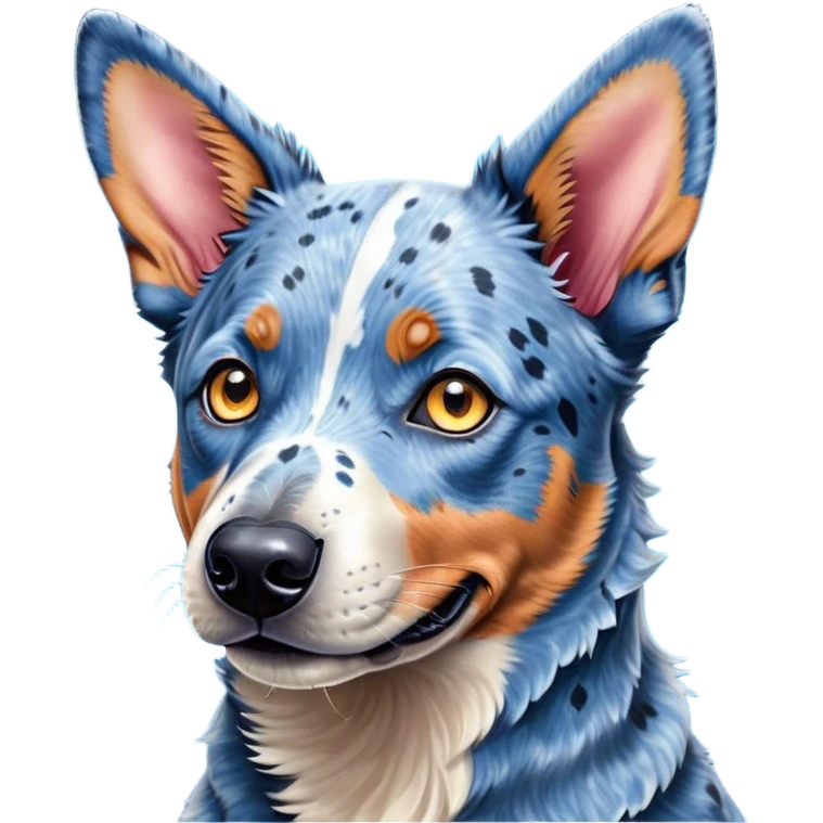 Cinematic Cute Blue Speckle Australian Cattle Dog Portrait Emoji, Head tilted playfully and inquisitively, featuring a vibrant blue speckle Fur with dynamic patterns, round, sparkling blue eyes filled with curiosity, Simplified yet irresistibly adorable features, highly detailed, glowing with a warm, friendly glow, high shine, affectionate and energetic, stylized with a touch of whimsy, bright and endearing, soft glowing outline, capturing the essence of a mischievous yet loving pup, so playful it feels like it could bound out of the screen and into your arms! emoji