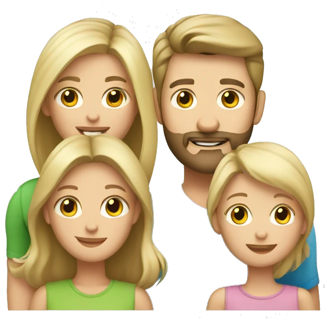 Family of 4, blond mom, brunette dad with beard, 2 blond daughters emoji