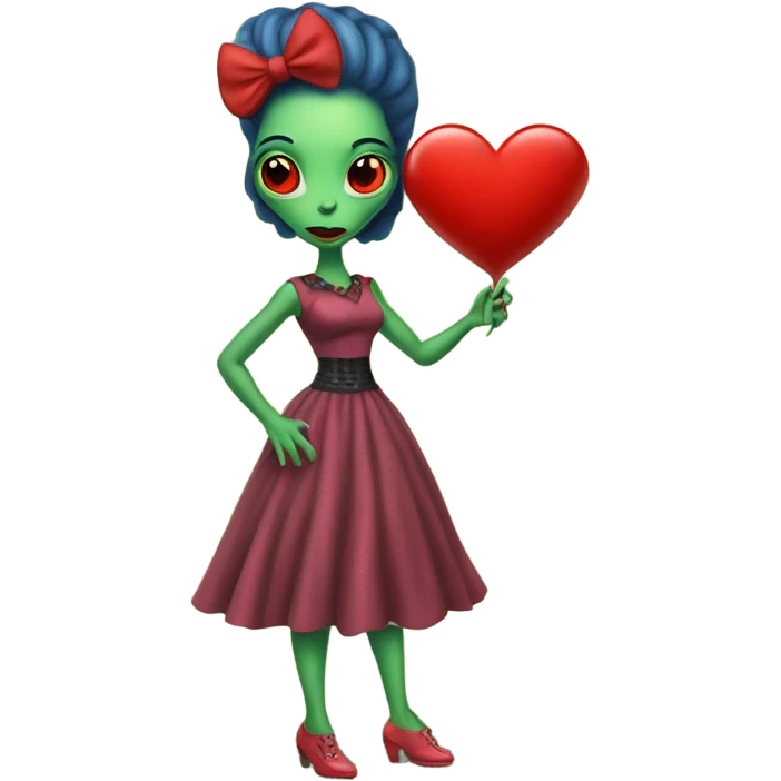a Reptilian alien woman full body, in rockabilly dress holding big red heart emoji