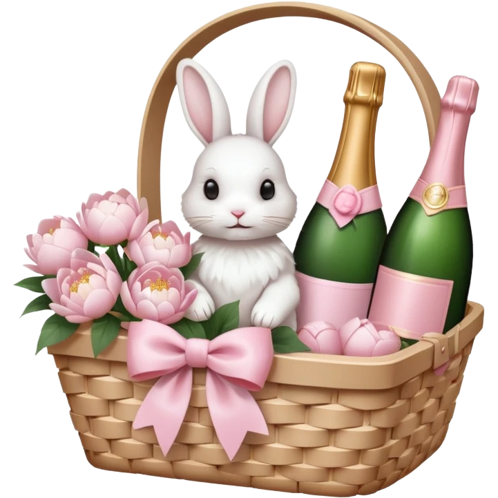 A white Picnic basket with light pink bow, white peonies, a white rabbit and one pink champage bottle inside emoji