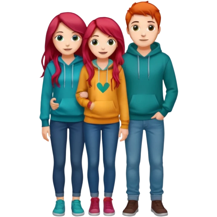 full-length happy couple, girl with long teal hair and brown eyes in colorful sweater, boy with red hair in jeans and hoodie emoji