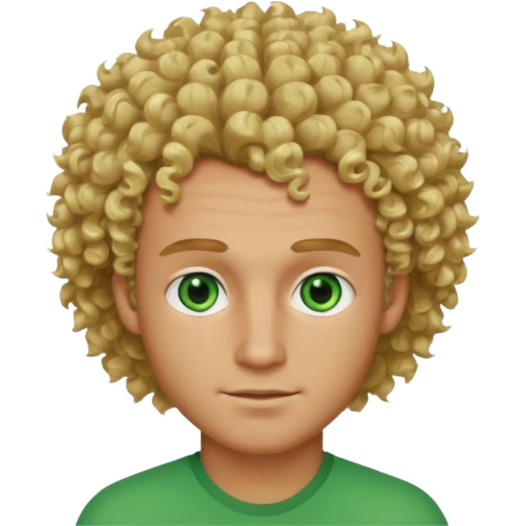 Hot, fluffy curly blond hair, green eyes, tanned skin, squear sculpted head, arched broen brows,guy emoji