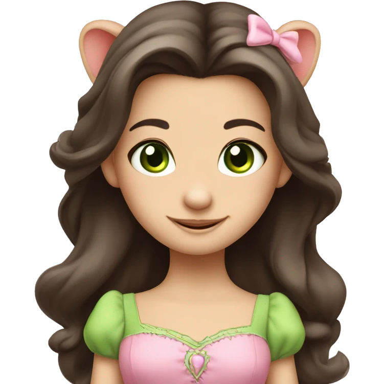 A cute mouse princess with dark brown long hair, green eyes, cute pink dress, happy emoji