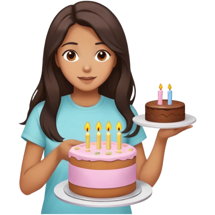 A woman with blowout, dark, brown, long hair, brown eyes, oversize, pastel T-shirt, in her hands cake and she make a wish emoji