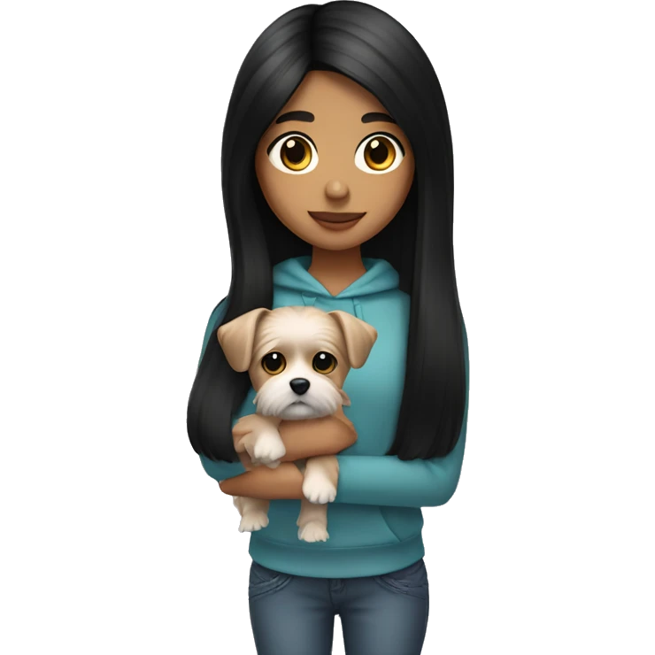 teenage mexican girl with black straight hair holding a morkie dog like a baby emoji