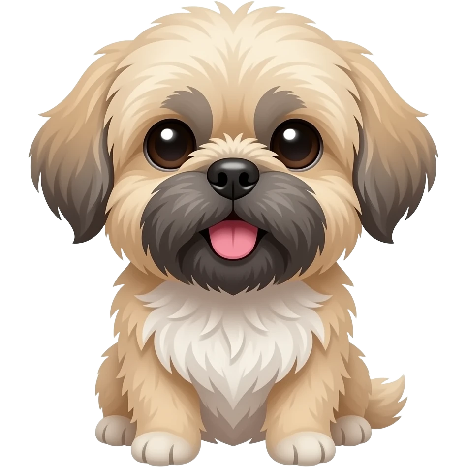 "Small Shih Tzu with fluffy cream/beige fur, gray-black shading on muzzle and cheeks, whiskers mixed light and dark (not fully black). Long dark ears, flat face, black nose, large round dark eyes. Slightly open mouth with pink tongue. Natural colors, clean outline, sticker style. emoji