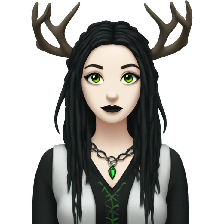 Goth woman, pale skin, green eyes, black dreadlocks, eyeliner, deer antlers  emoji