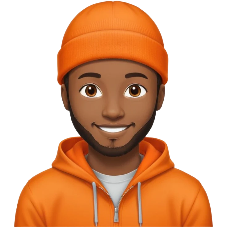 African yound man in his late 20s with a beanie and a bright smile with a short boxed beard, and a low cut hair, orange hoody emoji