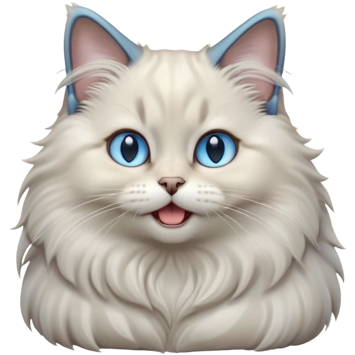 Cinematic Adorable Fluffy Light Grey Mantle Ragdoll Cat Portrait Emoji, Head tilted cutely with big, sparkling blue eyes, soft light grey fur with darker points on the ears, face, and paws, Simplified yet irresistibly adorable features, highly detailed, glowing with a soft, warm glow, high shine, yawning in a peaceful and playful manner, stylized with a touch of whimsy, bright and endearing, soft glowing outline, capturing the essence of a relaxed and loving kitten, so cute it feels like it could leap out of the screen and stretch into a cozy nap! emoji