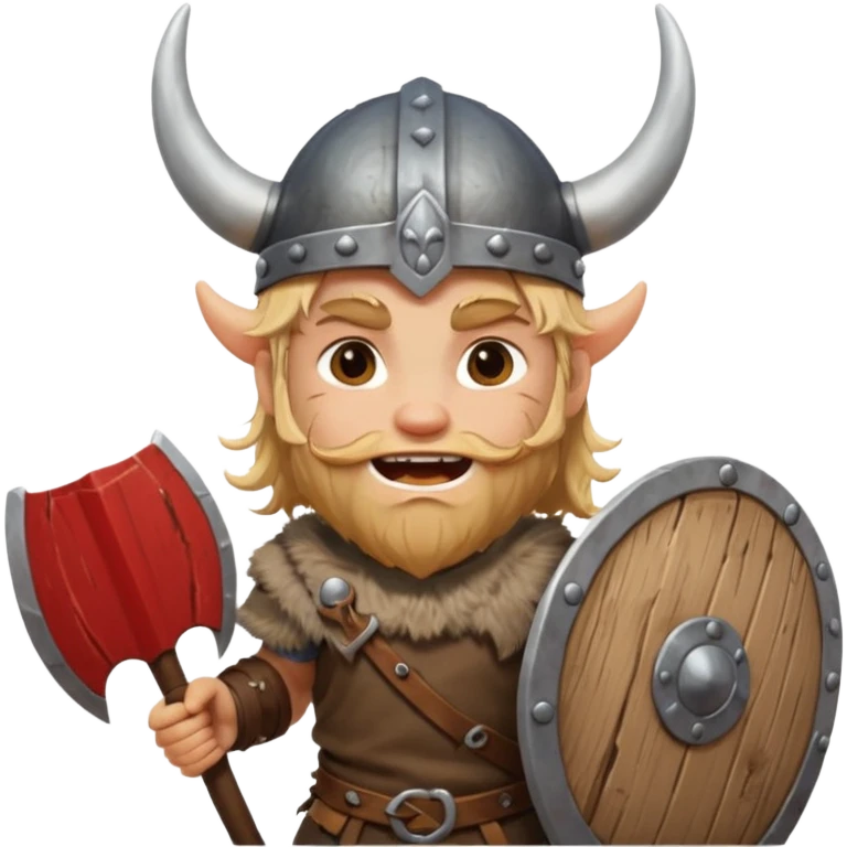 A young Viking warrior with messy hair painted cheeks, wooden shield, and fierce excited grin with horned helmet emoji