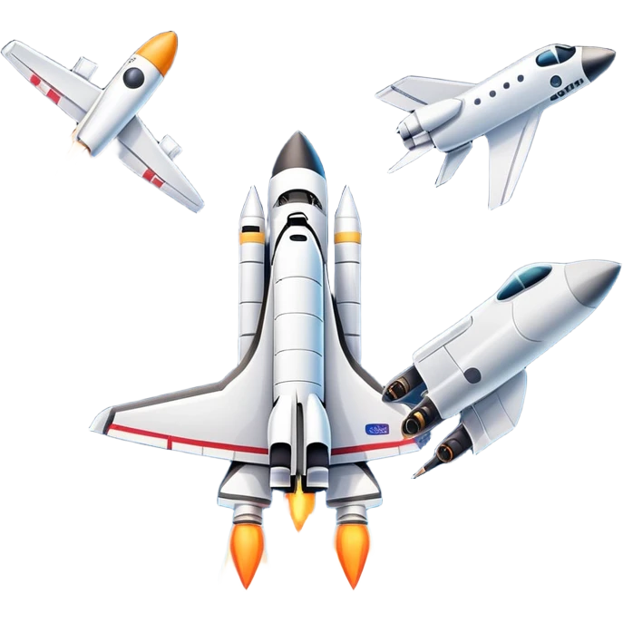 An icon featuring a space shuttle, a drone, and an airplane against a starry sky, symbolizing aerospace technology. The design includes rocket boosters and satellite orbits, representing the exploration of space and advanced aviation. Transparent background emoji