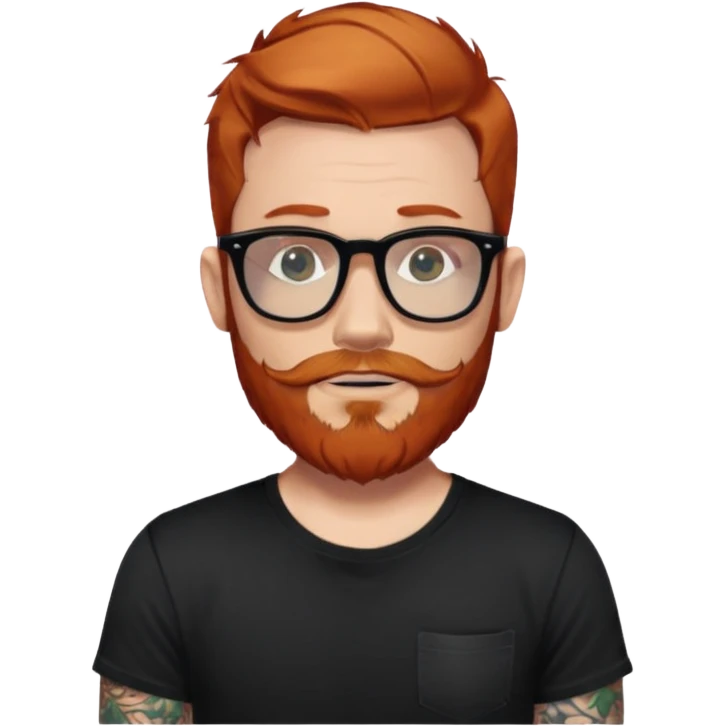 Svelte looking redhead man with sleeve tattoos and a beard and rayban glasses, 38 years old but younger looking emoji