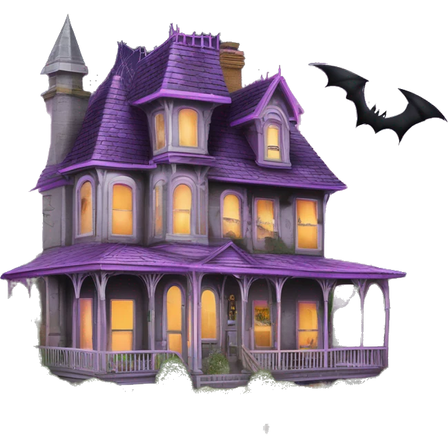 Barbie’s and Batman’s 6 story tall very haunted dream house with complete wrap-around porch, tall thorn bushes,and ghosts,guests, and spider webs everywhere and some broken windows and boards. The grass in the yard is dead.  emoji
