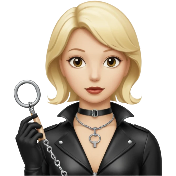 Dominatrix with blonde hair, latex outfit, old fashioned key necklace, and a whip emoji