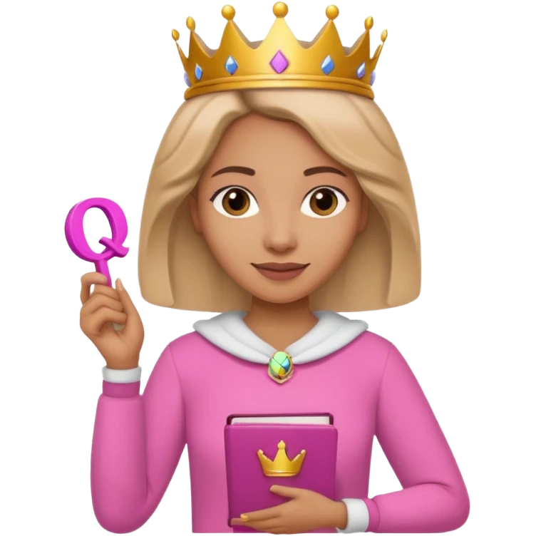 Crear una reina morena clara con ropa rosa sosteniendo la palabra Queen en sus manos emoji
