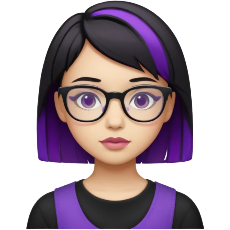 chica bonita con ligero cabello negro con rayas moradas que llega hasta los hombros con lentes cuadrados de estatura pequeña con ropa negra emoji