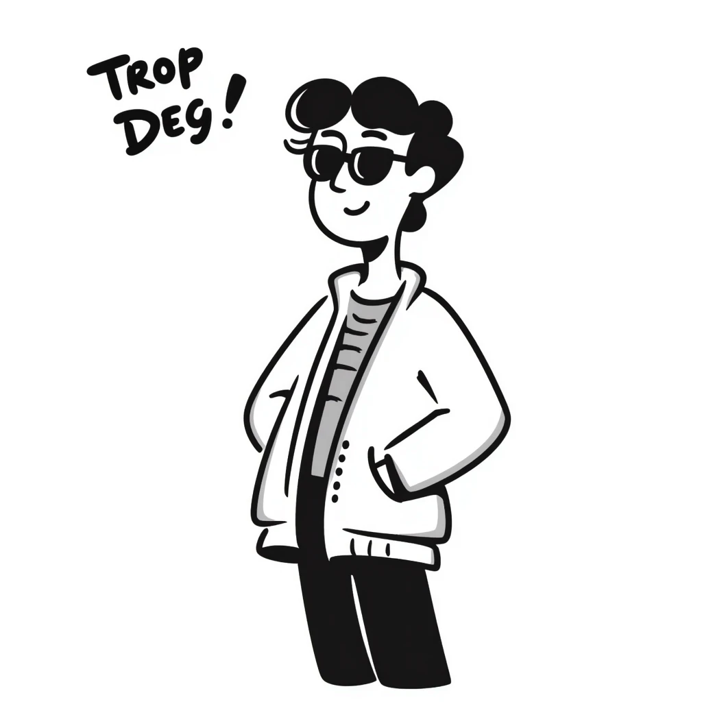Sketchy character with sunglasses looking extremely cool with 'Trop Deg' text emoji
