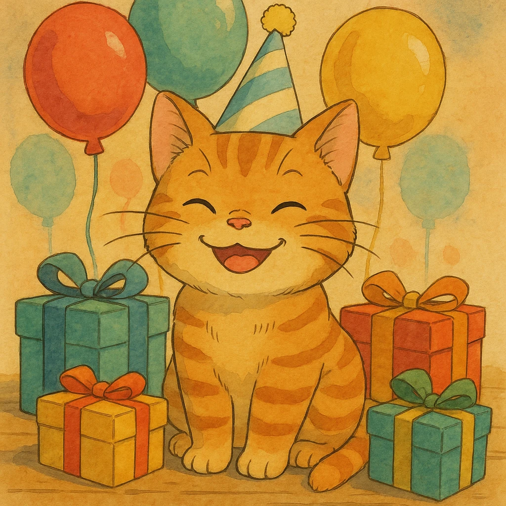 ginger tabby kitten wearing a birthday hat, surrounded by balloons and gifts, smiling, ghibli style birthday scene emoji