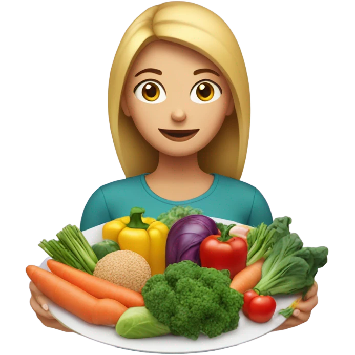 a woman looks at a plate of healthy food emoji