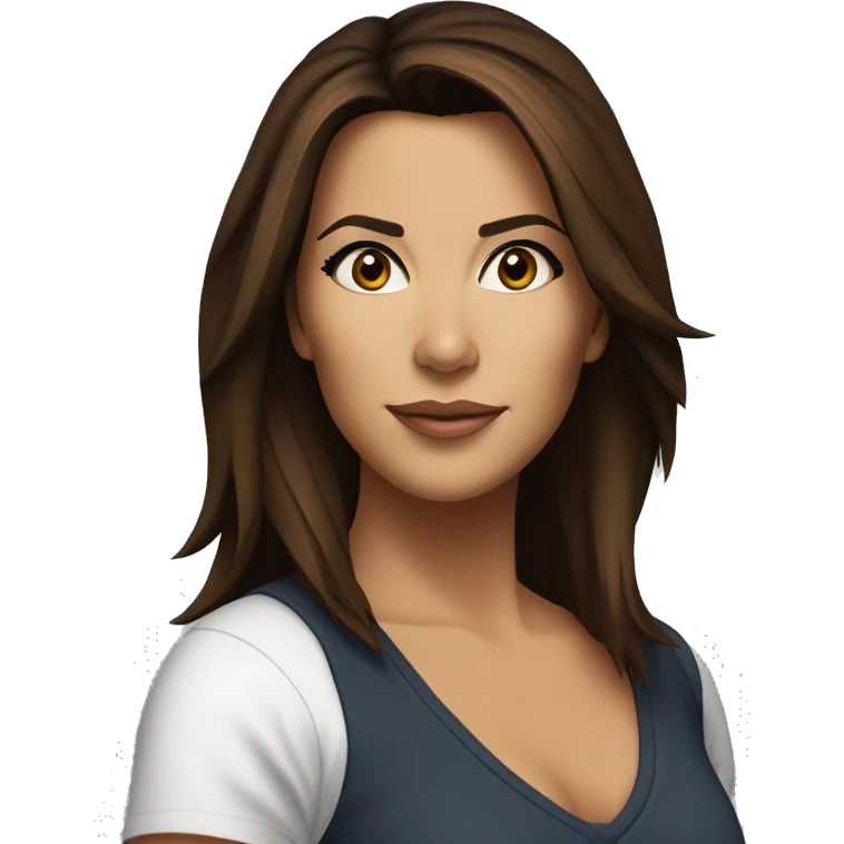 3/4 face, contrasted, shadow, light, Eva Longoria expression, standing from a distance, thin nose, brunette woman, hazel eyes, long eyelashes, dark shoulder shaded hair, white t-shirt, jeans, white sneakers emoji