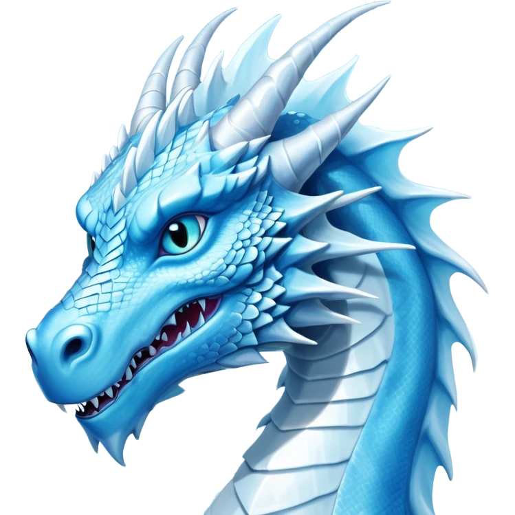 Cinematic Noble wise elegant Ice Dragon Portrait Emoji, Poised and imposing, distinct long elegant snout, with a slender, scaled body shimmering in glacial hues of icy blue, frostbitten silver, and crystalline white, breathing out frost, with piercing, glowing ice blue white eyes that radiate the chilling depths of an arctic storm; rendered in detail. excuding wisdom emoji