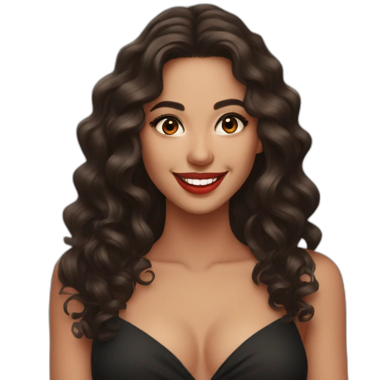 young moroccan woman with dark brown eyes, brown long curling hair with lighter tips, red lips, big smile, cleavage black dress emoji