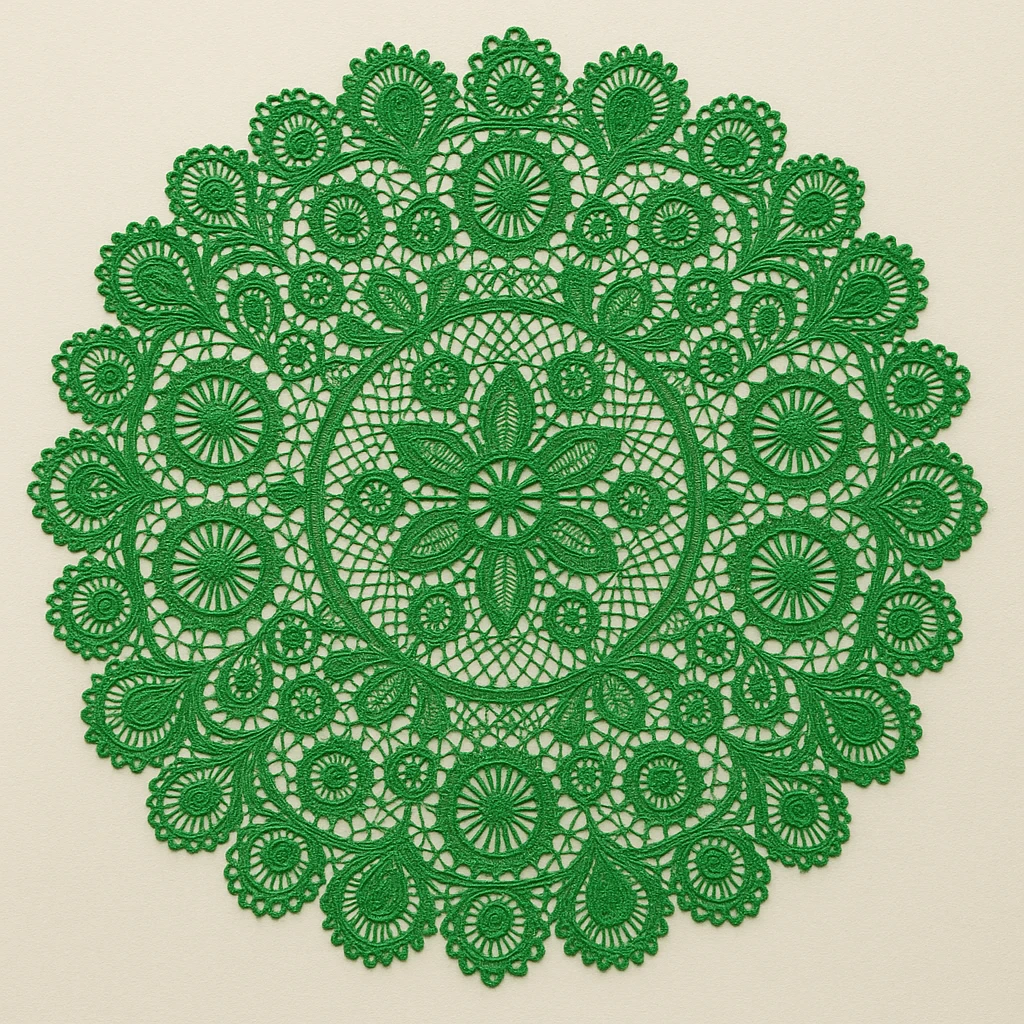 a Paraguayan green ñanduti lace pattern, intricate and circular, in a vibrant green color, detailed and elegant emoji