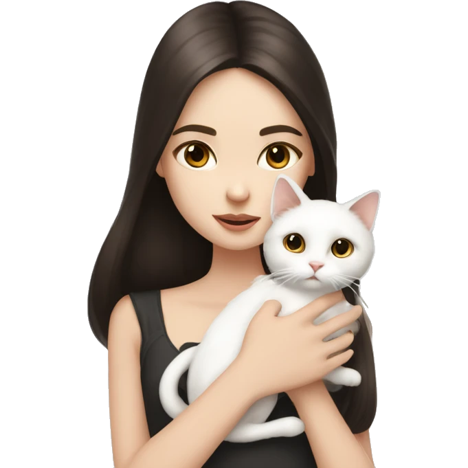 A pale girl with dark brown hair and dark brown eyes holds and kisses a white cat in her hands  emoji