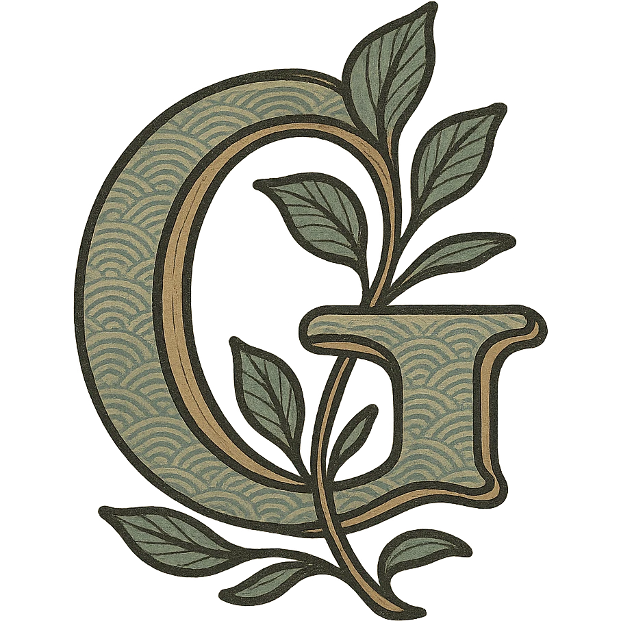 logo featuring the letter G with stylized leaves, elegant Japanese-inspired design emoji