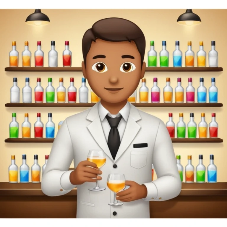 bartender mixing drinks, club backgroudn with bottles emoji