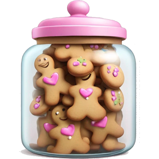 Realistic glass cookie jar with light pink lid full of gingerbread cookies isolated.  emoji