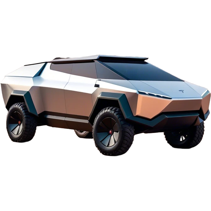 Tesla Cybertruck - A futuristic Tesla Cybertruck, angular and geometric with a sharp, triangular body shape. Stainless steel exoskeleton with a raw, unpainted, brushed-metal finish. A sleek, narrow LED light bar stretches across the entire front. Large, rugged off-road tires with exposed wheel arches. Smooth, handle-free doors and a slanted, armored rear with a retractable tonneau cover. Rear LED strip mirroring the front. The vehicle looks like a sci-fi-inspired, bulletproof stealth tank on wheels, set in a high-tech urban environment at sunset, with reflections on its metallic surface. emoji