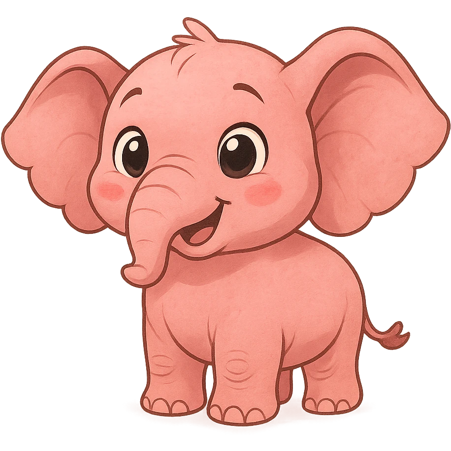 a cute pink elephant, original design, big eyes, blushing cheeks, joyful emoji