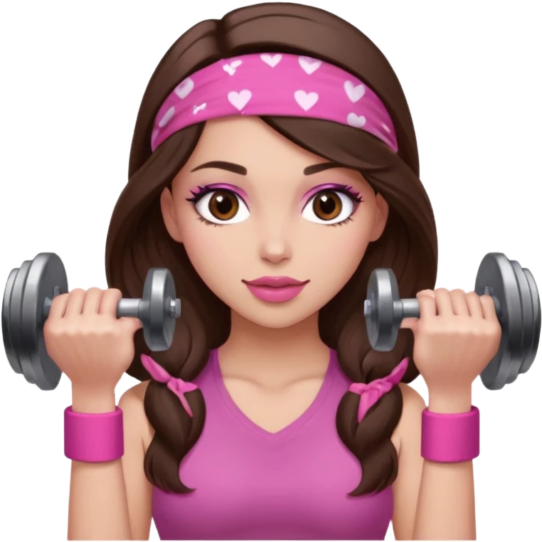 Pink and clothes emoji, inspired with brunette hair, brown eyes, long hair, heart shape lips and pink make up  and pink nails, mauve pink blush and a chocolate brown bandana lifting dumbbells emoji