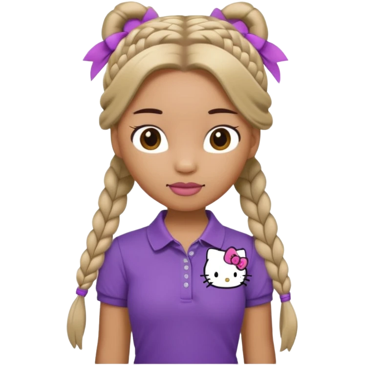 hello kitty wearing purple polo shirt and kyaki pants with long fishtail braids baddie emoji