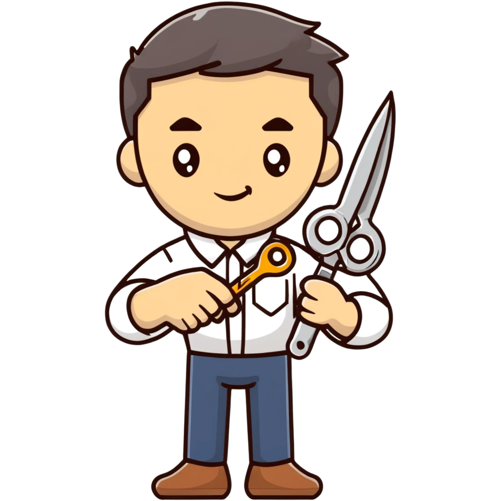 A Ukrainian man in a white embroidered shirt holds a spanner in one hand and scissors in the other emoji