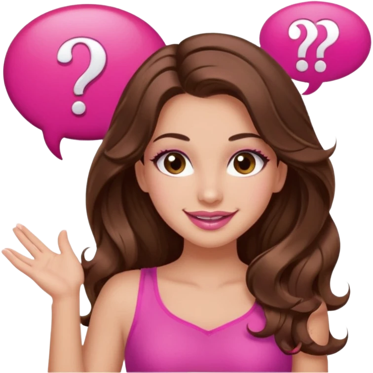girl with long wavy brown hair, brown eyes, long lashes makeup, sexy pink lips, light to medium complexion, wearing a pink sexy top, shugging, smiling, question mark one speech bubble emoji