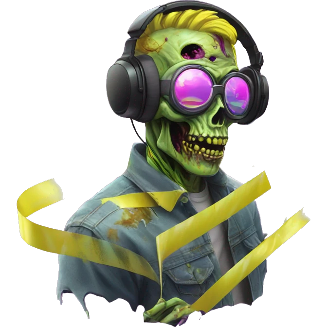 .Zombie_ Vaporwave black holographic oilslick zombie unicorn yellow caution tape holding a vinyl dj graffiti emoji