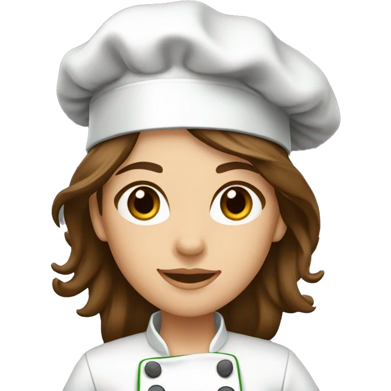 Female chef with long brown hair and hazel eyes wearing a dark green chef’s coat  emoji