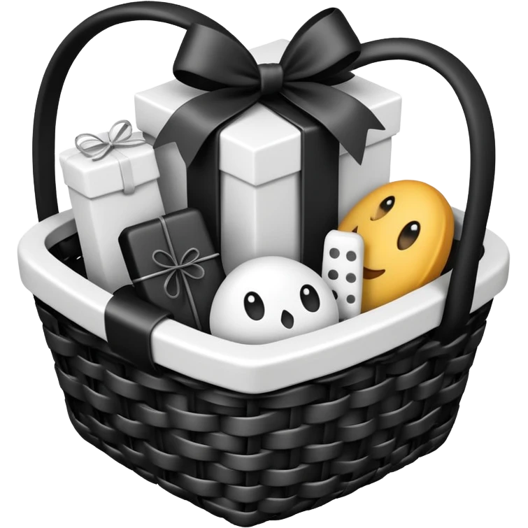 black and white small gift basket with hardly anything it but 3 things and the gift basket color white and black emoji