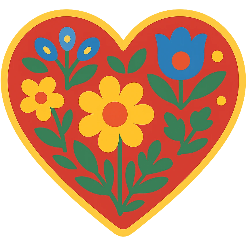 Red heart with Slavic folk art, bold nature motif, featuring bright folk colors and simple geometric flowers and leaves. The design is easily recognizable when downsized and includes a border around the heart. emoji