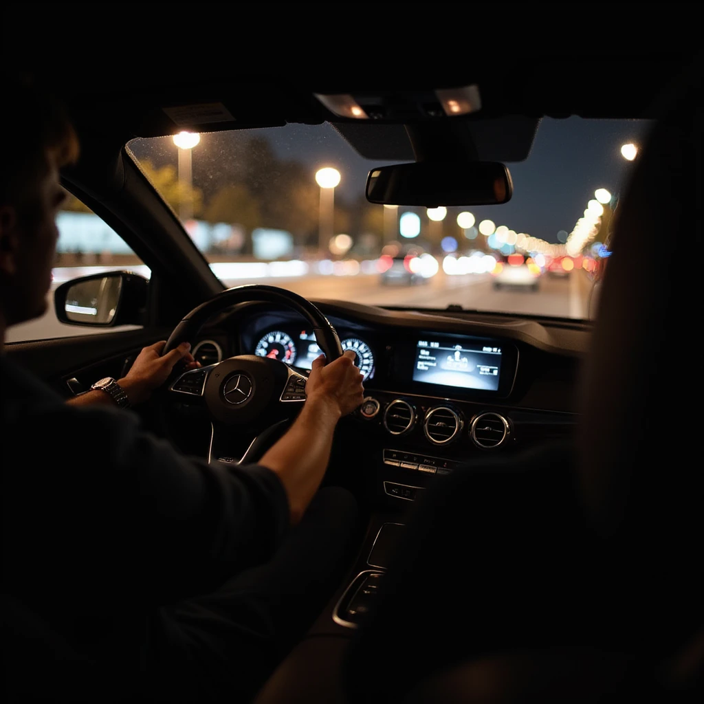 Mercedes E63 2024, driver's perspective from inside, left hand on wheel, night, Bucharest city lights, motion blur, photorealistic emoji